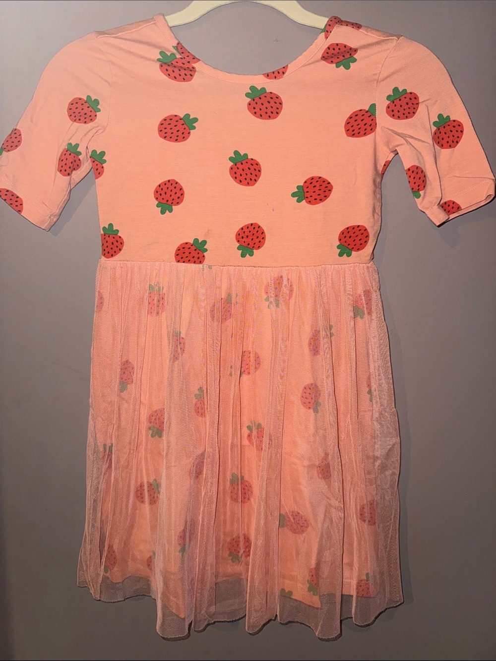Girl's Peach Strawberry Print Tulle Dress